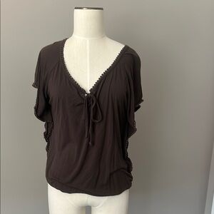 Brown Short Sleeve Tie Front Blouse